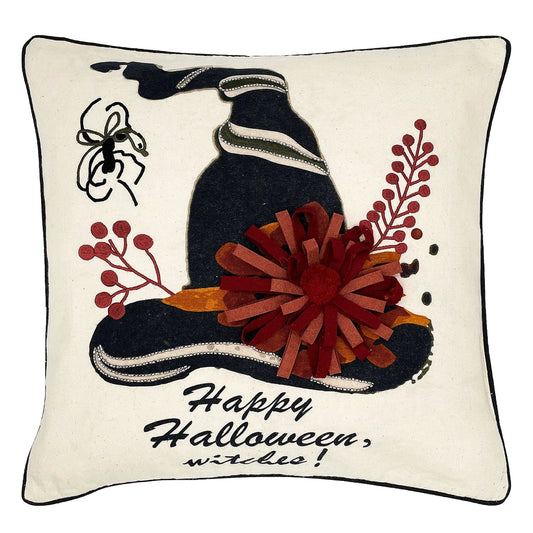 18" Halloween Witch Hat Ribbons Embroidery Pillow with Piping home decor - Mod Lifestyles