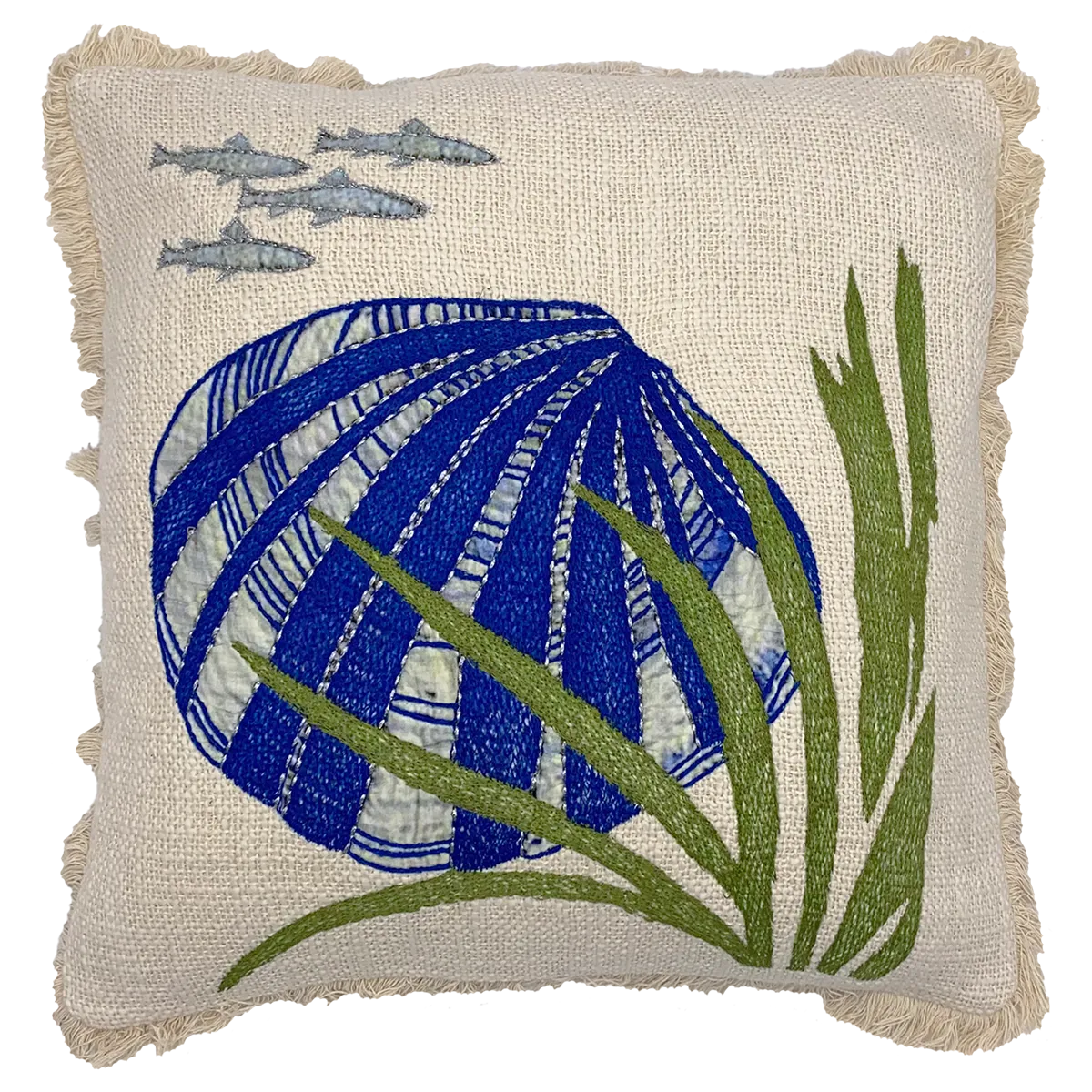 18" X 18" Blue Shell and Seaweed Embroidery Throw Pillow home decor - Mod Lifestyles