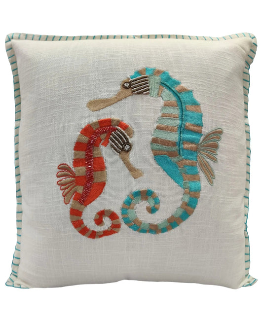 18" X 18" Red & Teal Two Seahorses Embroidery Throw Pillow home decor - Mod Lifestyles