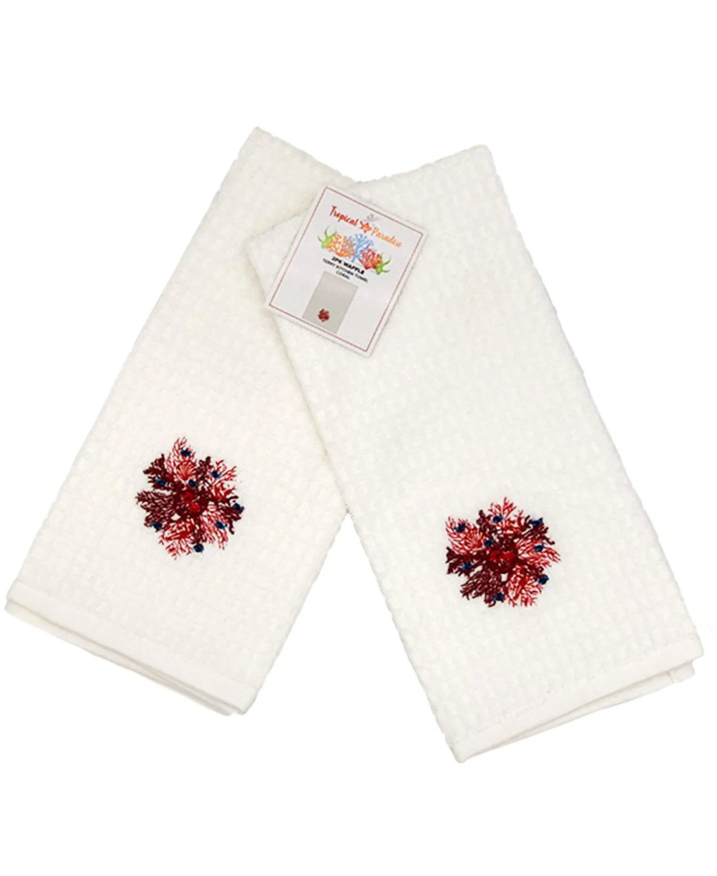 2 Pack Coral Embroidery Waffle Terry Towel, 16" X 24" home decor - Mod Lifestyles