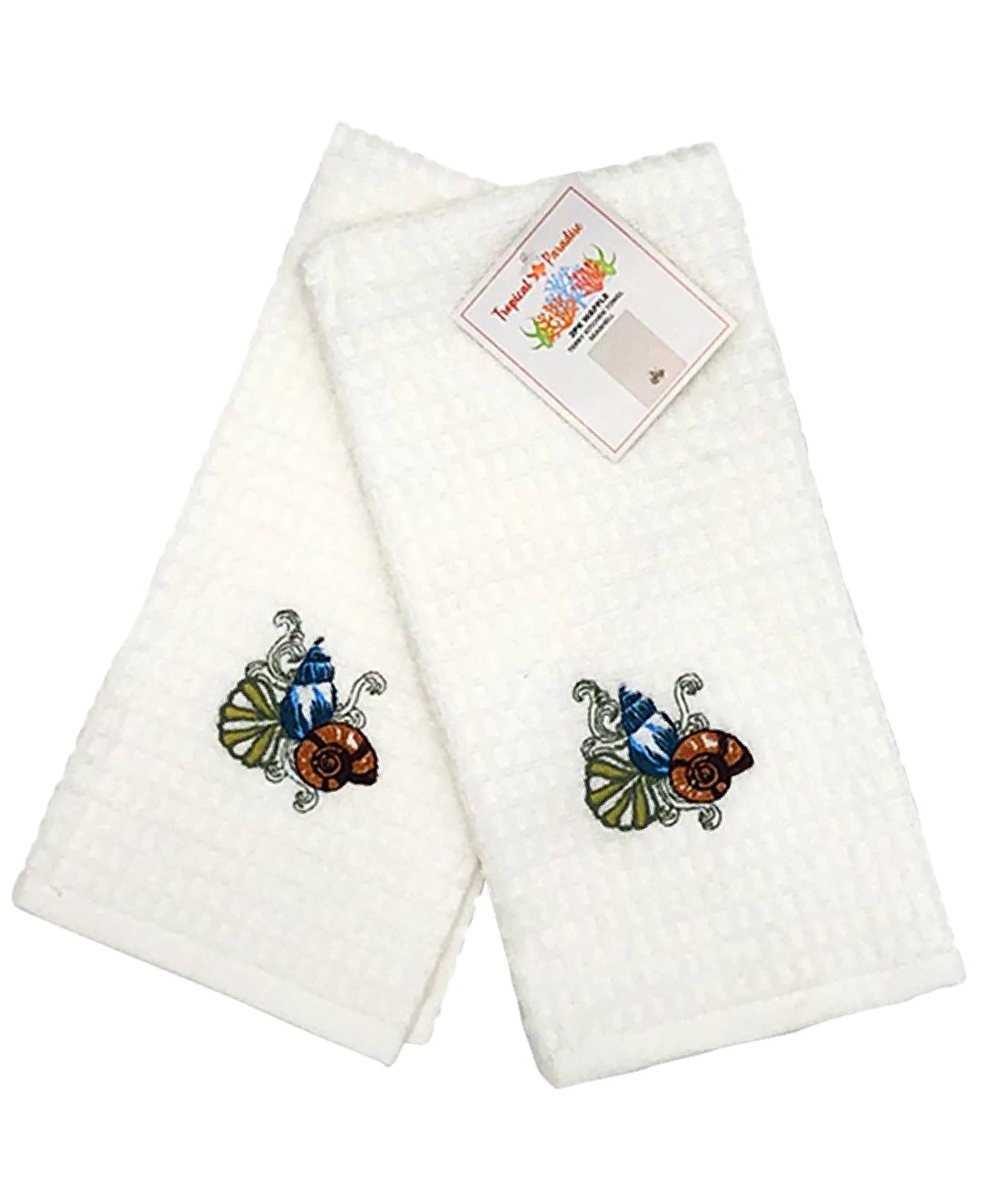 2 Pack Seashells Embroidery Waffle Terry Towel, 16" X 24" home decor - Mod Lifestyles