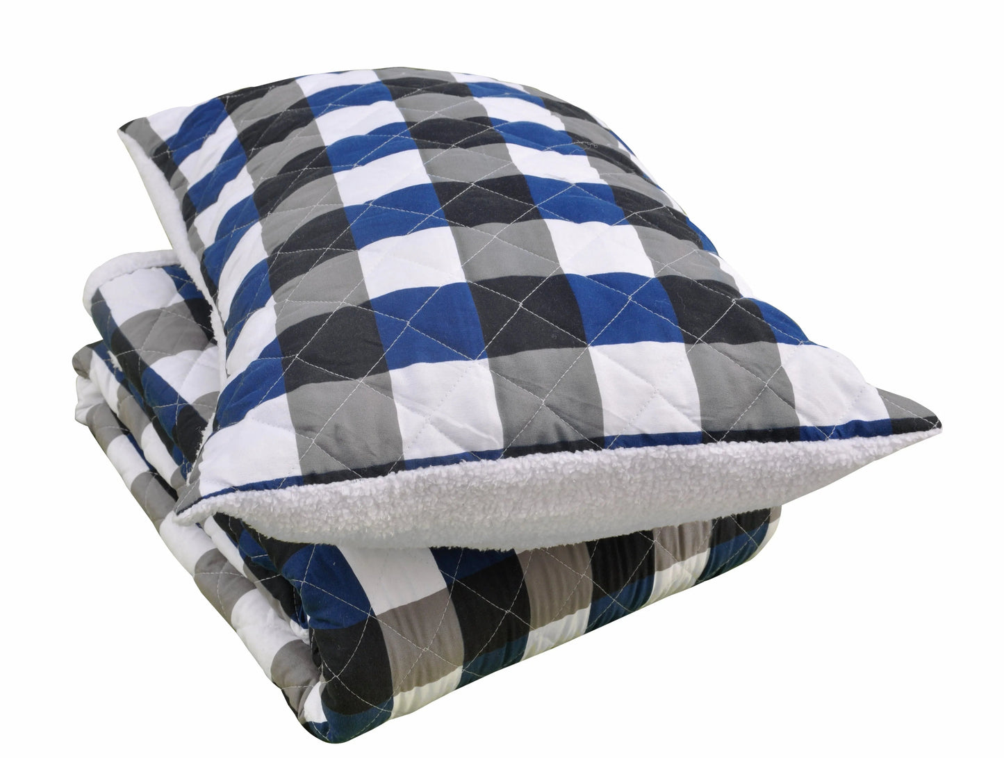 Aspen Blue and Grey Check Microfiber Quilt Set Sherpa Back home decor - Mod Lifestyles