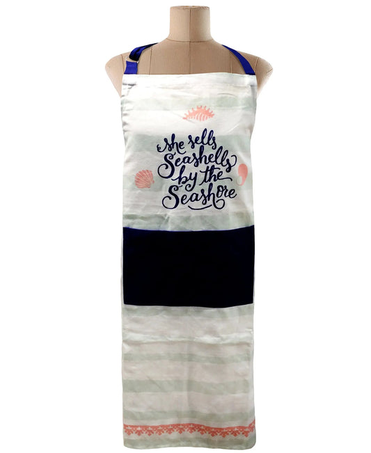 Free-size Blue Combo  Tie-back Adjustable Apron, Seashells by the Seashore Print