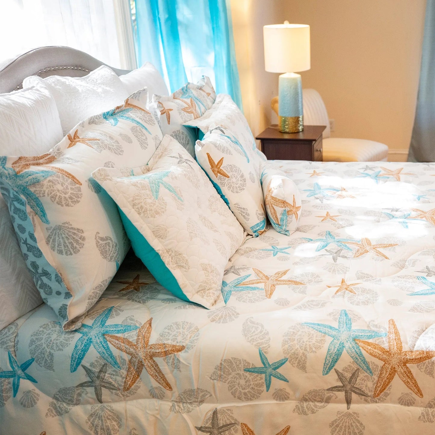 Blue and Natural Starfish Queen Comforter Set, 88" X 94" home decor - Mod Lifestyles