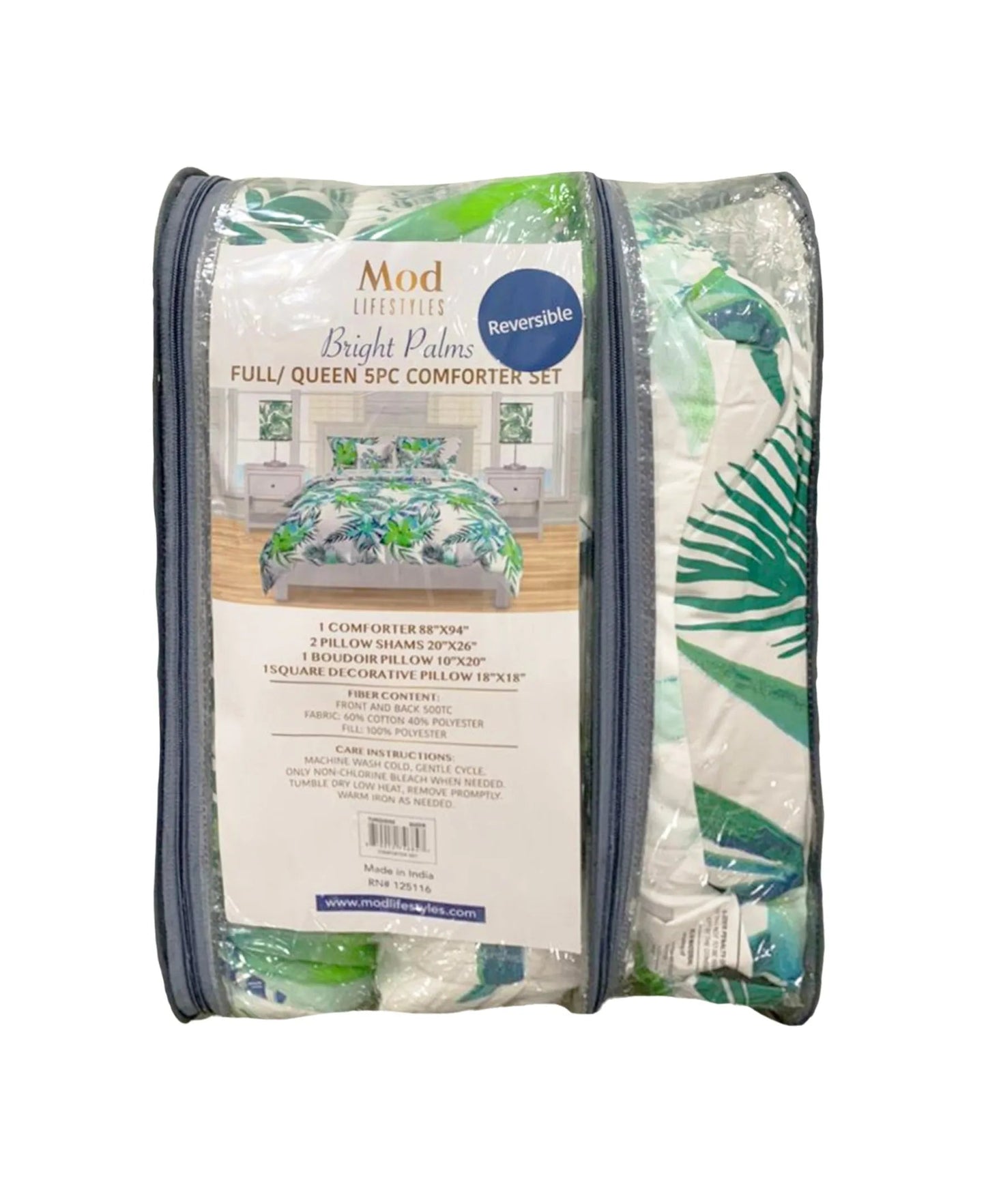 Full/Queen Bright Palms 5-PC Comforter Set, 88" X 94" Mod Lifestyles