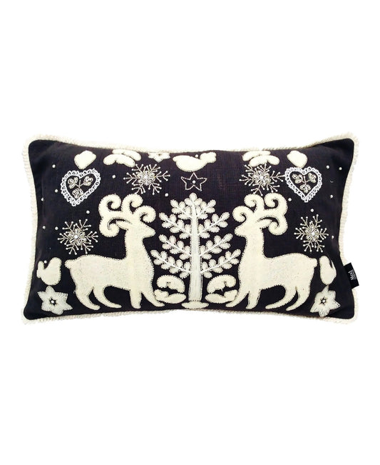 Holiday Reindeer Embroidery Pillow, Grey - 14" x 24" home decor - Mod Lifestyles