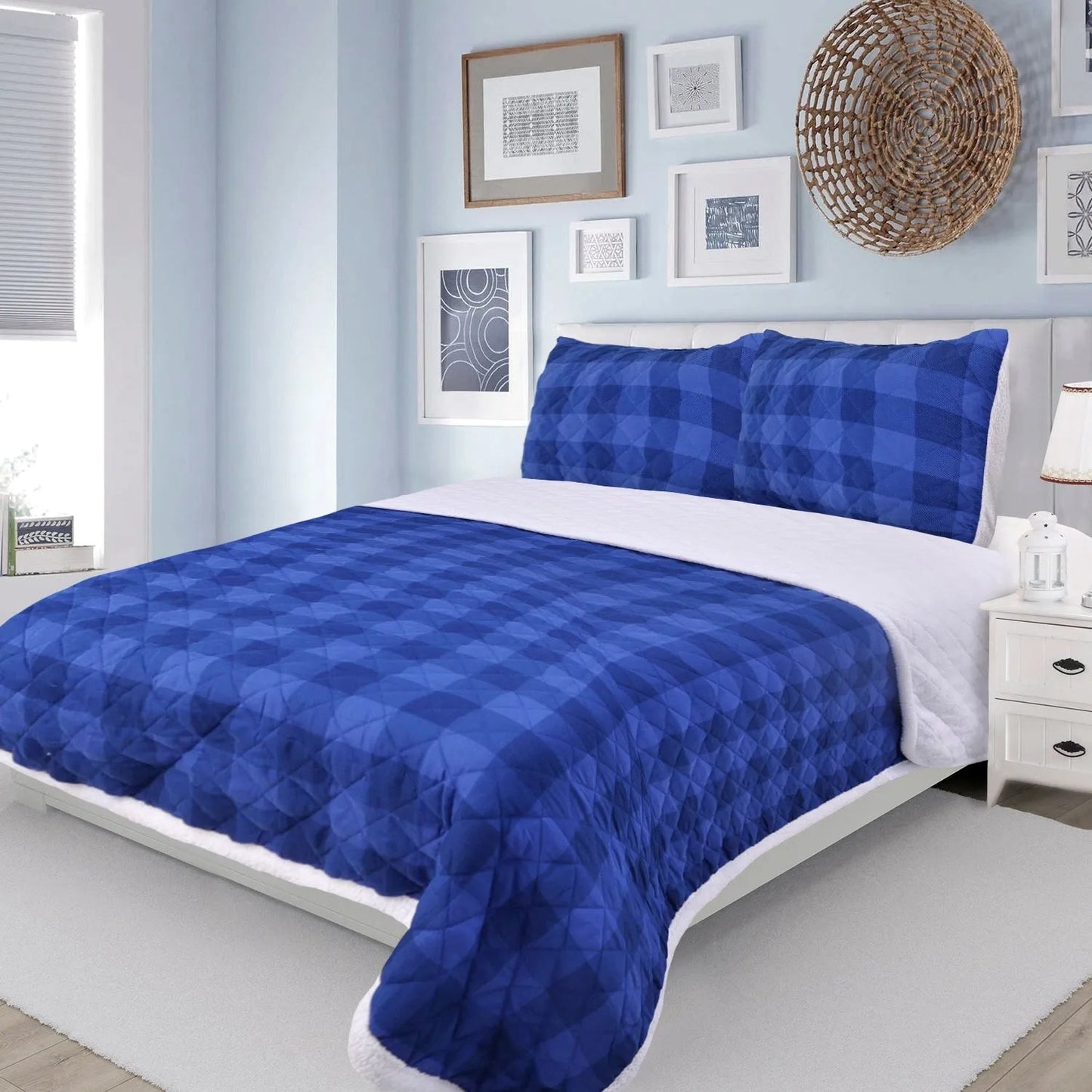 Montana Blue Check Microfiber Quilt Set Sherpa Back home decor - Mod Lifestyles