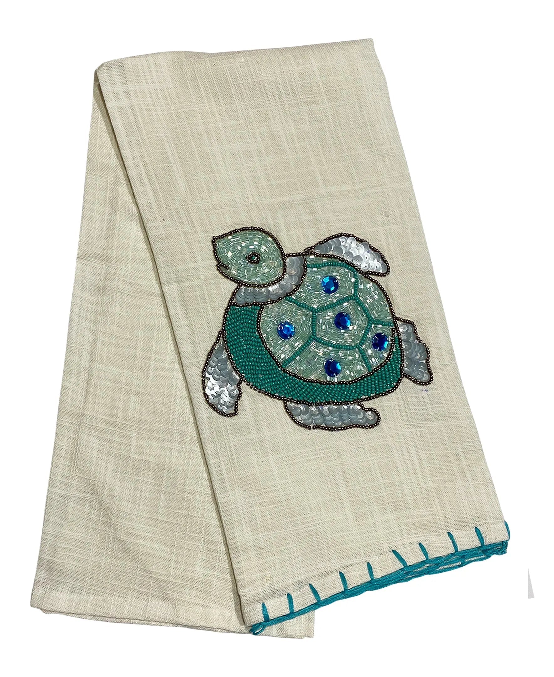 Turtle Beads and Embroidery Whipstitch Edge Tea Towel , 20" X 28" home decor - Mod Lifestyles